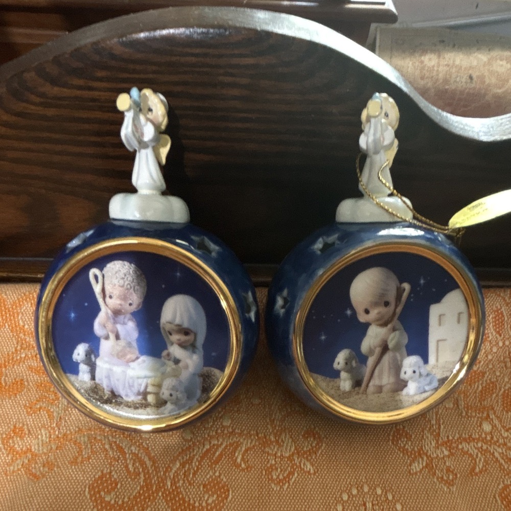 A Pair of Enesco Precious Moments Nativity Porcelain Hanging Ornaments 1999